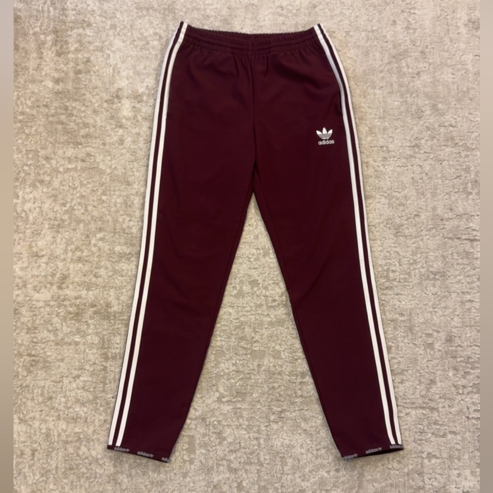 Adidas Women’s Burgundy Maroon Joggers with White Stripes Size S